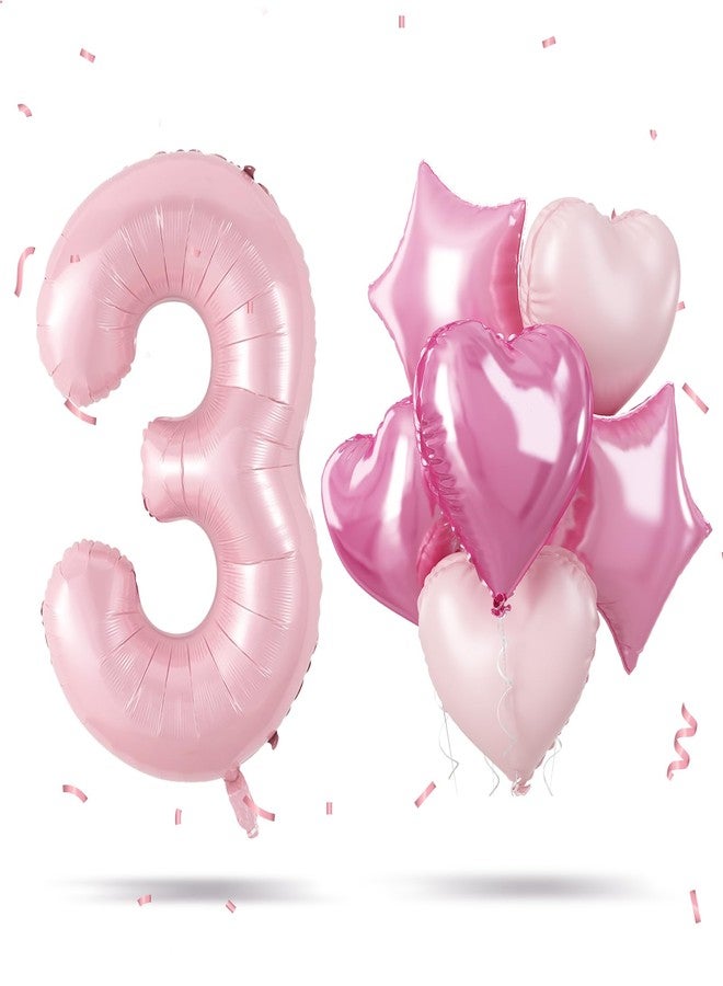 بالون عيد الميلاد الثالث باللون الوردي الفاتح للأطفال، بالون فويل ذاتي النفخ مقاس 40 بوصة على شكل رقم 3 مع بالونات على شكل قلب ونجمة باللون الوردي الفاتح لتزيين حفلات الذكرى السنوية، بالون مايلر عملاق على شكل رقم 3 لتزيين حفلات الزفاف - Image 1